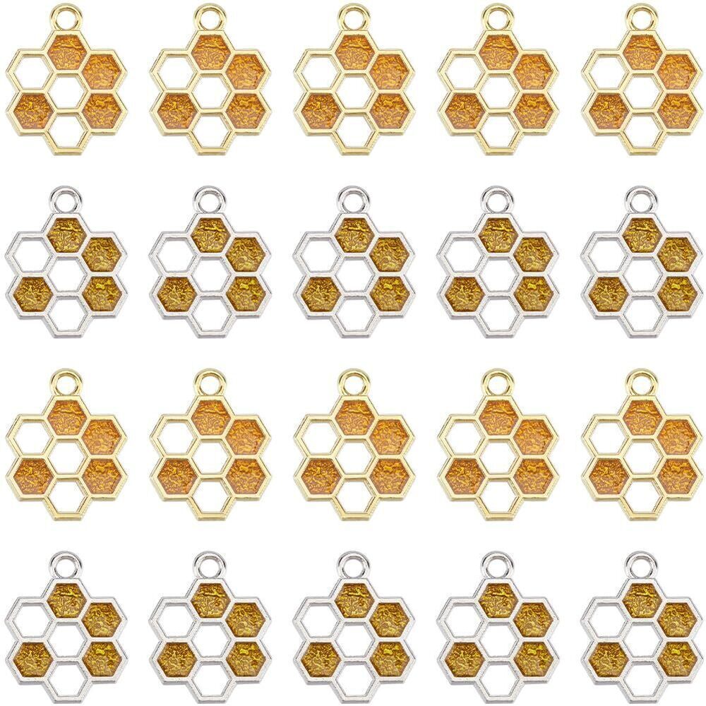 3834 1 Box 60Pcs Honeycomb Charms Bulk Honey Comb Charms Alloy Enamel Gold